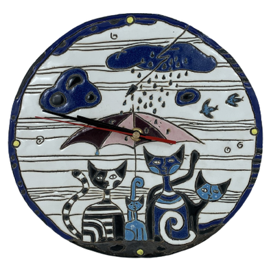 Ręcznie robiony zegar z kotami - ceramika