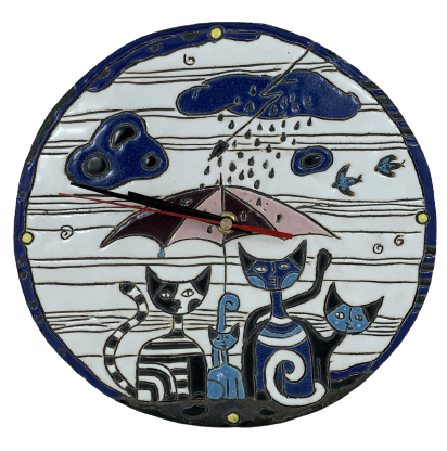 Ręcznie robiony zegar z kotami - ceramika (1)