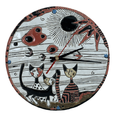 Ręcznie robiony zegar z kotami - ceramika