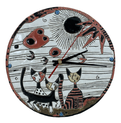 Ręcznie robiony zegar z kotami - ceramika (1)